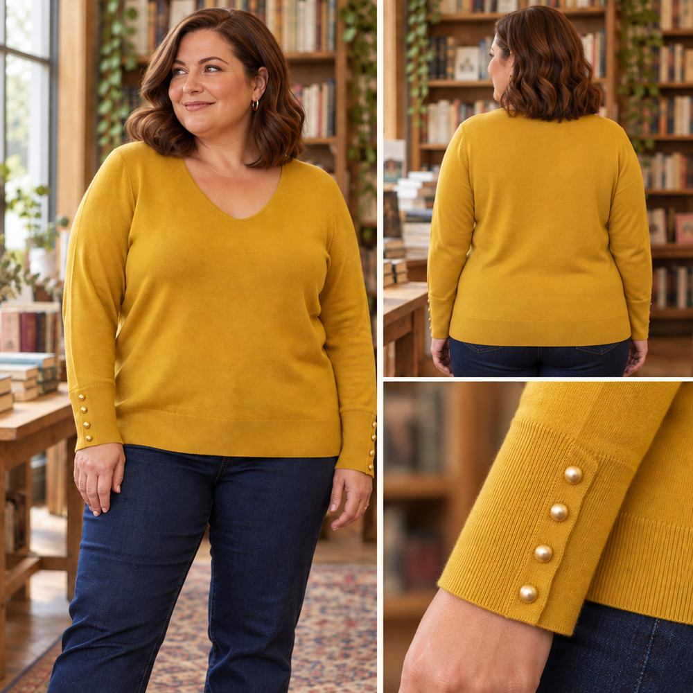 Talbots Soft Merino Wool V Neck Sweater Mustard Gold Button Cuff Plus Sz 2XP NWT